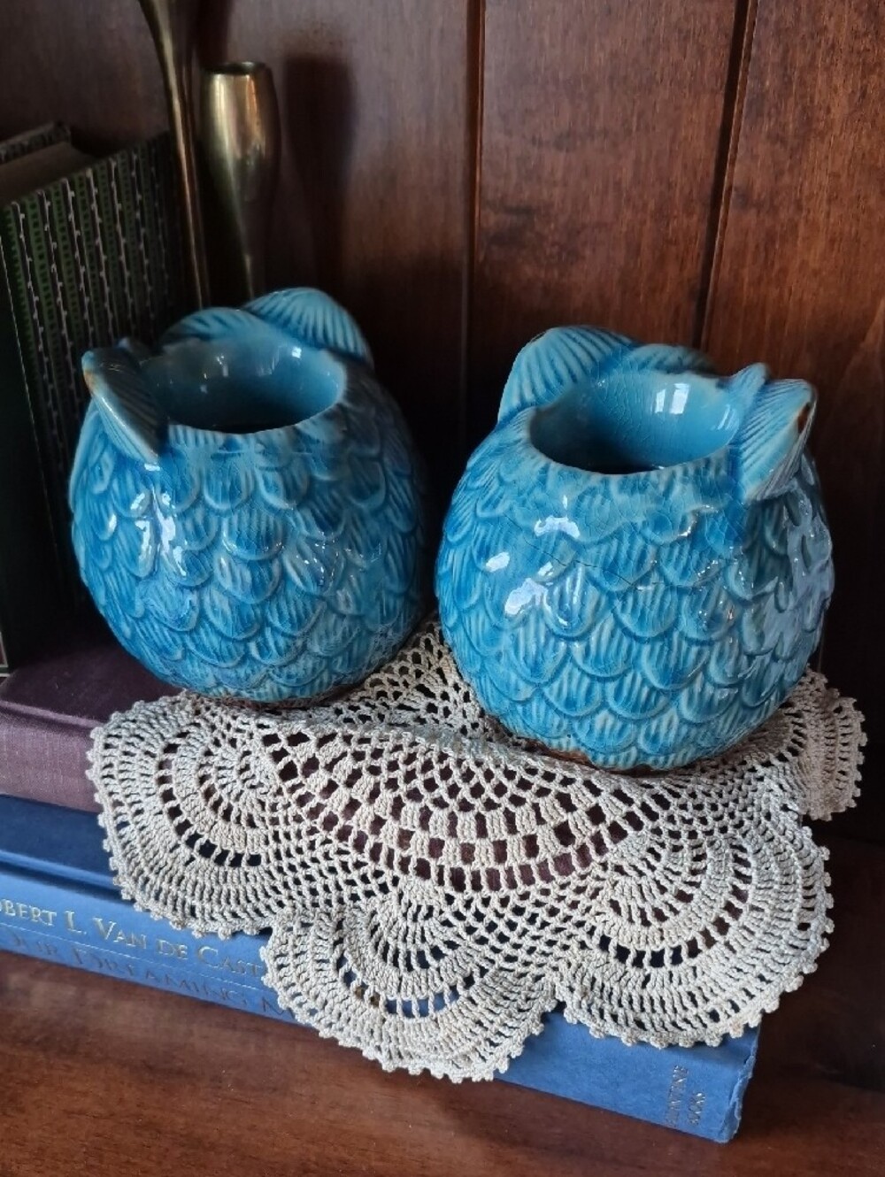 Ceramic Blue Owl Candle Holders- Pair - Picture 3 of 7